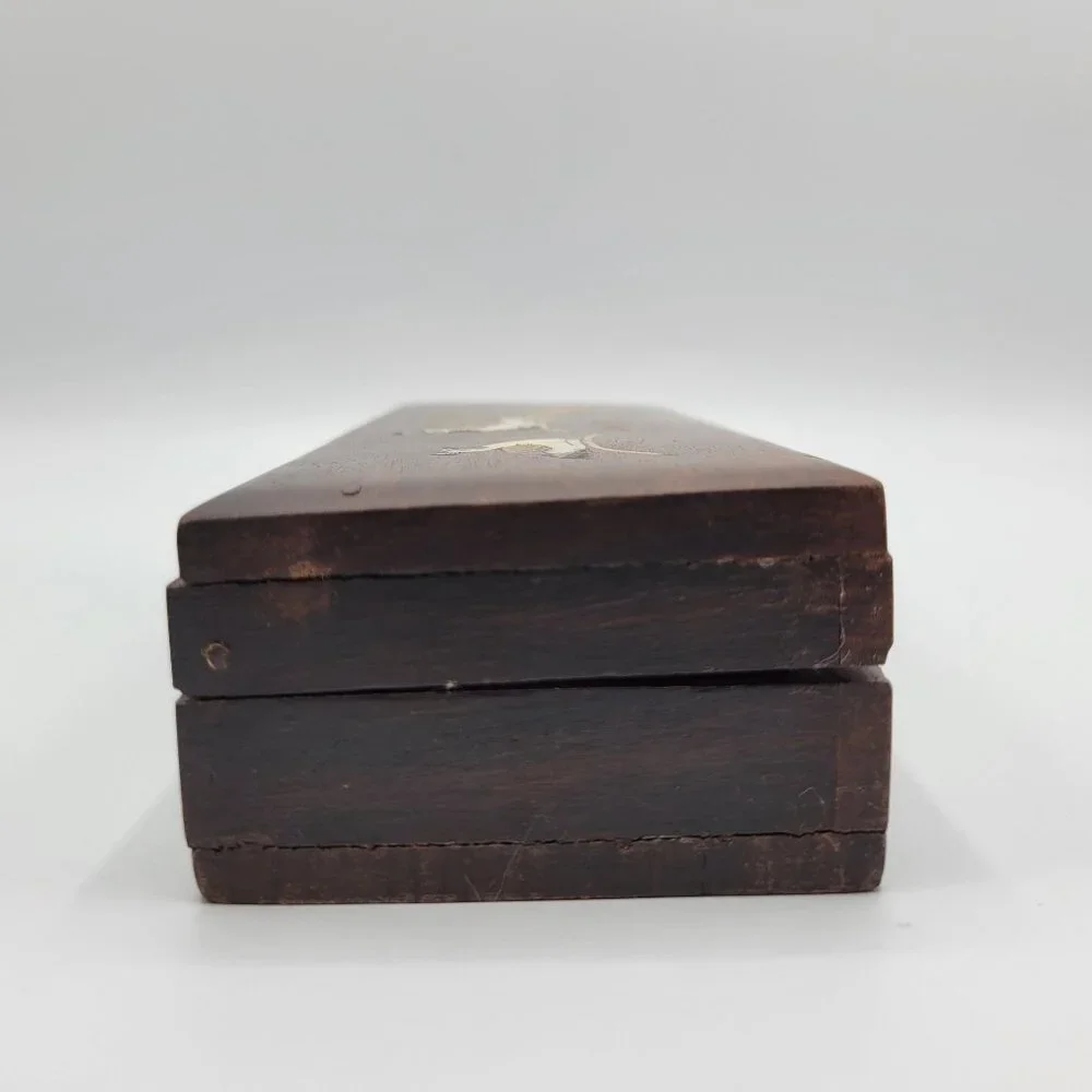 Vintage Handcrafted Wooden Jewelry Trinket Box Inlaid Peacock Design Metal Latch